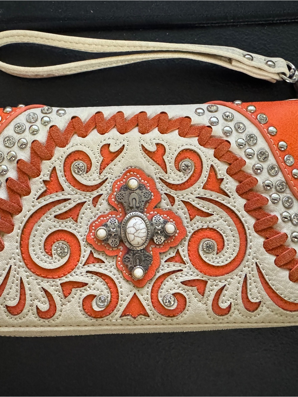 Montana West Orange and Cream Embossed Wristlet Clutch with Concho Accent